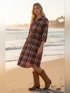 Time and Tru Maternity Plaid Knit Dress Burgundy Red Drawstring Stretchy Sz M/L